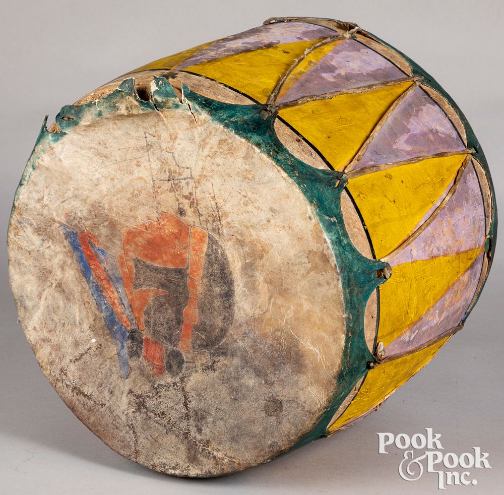 Appraisal: Pueblo Indian painted hide drum Pueblo Indian painted hide drum