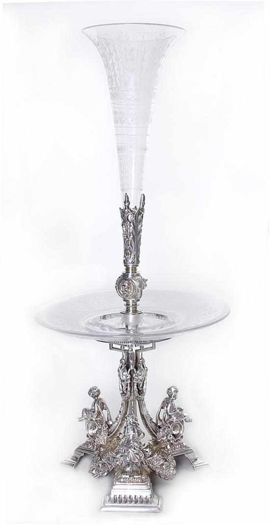 Appraisal: English etched crystal and silverplate centerpiece late th th century