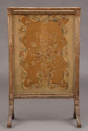 Appraisal: LOUIS XVI-STYLE CARVED PAINTED AND PARCEL-GILT FIRE SCREEN WITH AUBUSSON