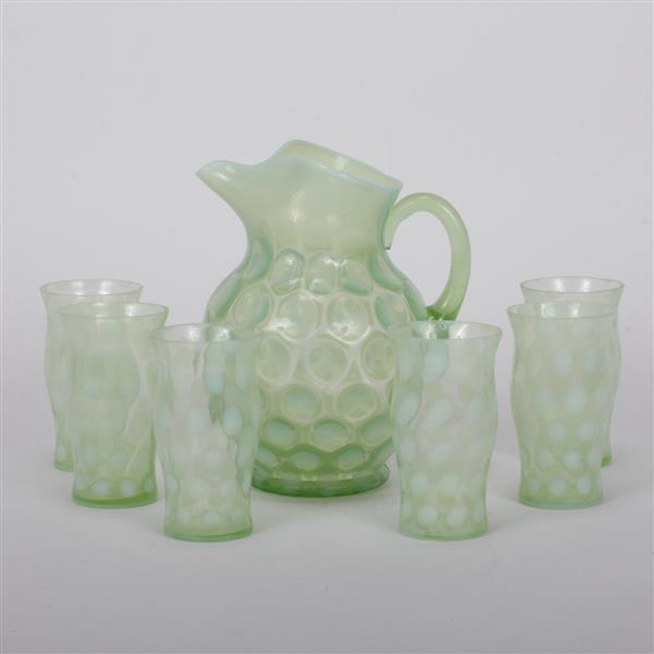 Appraisal: American green opalescent thumb spot glass lemonade set Comprising six