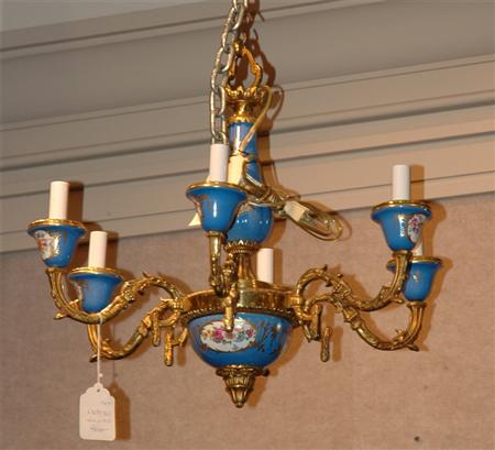 Appraisal: Louis XVI Style Gilt-Metal and Floral Decorated Porcelain Five-Light Chandelier