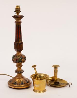 Appraisal: A carved and painted table lamp a brass chamber candlestick