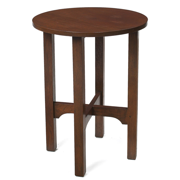 Appraisal: Gustav Stickley tea table circular top over a notched cross