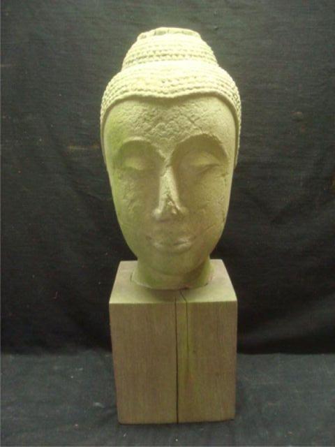 Appraisal: Stone Buddha Head on a Wood Base From a Stamford