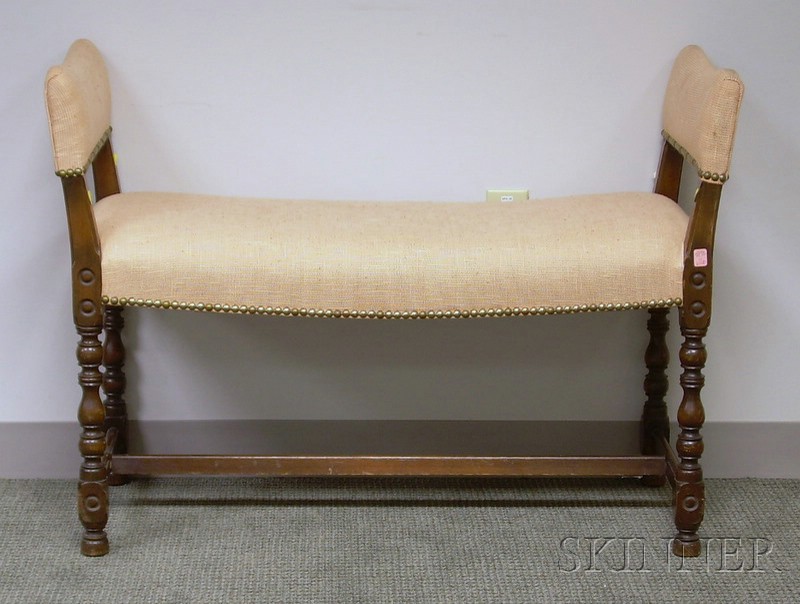 Appraisal: William Mary Style Upholstered Turned Maple Window Bench lg in