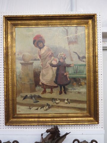 Appraisal: Emile Auguste Pinchart oil mother daughter with pigeons winter scene