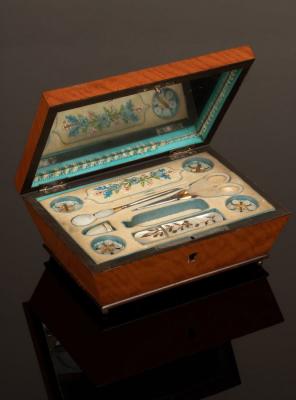 Appraisal: A th Century satinwood Palais Royal sewing box with steel