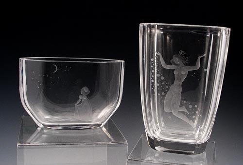 Appraisal: SIGNED ORREFORS CRYSTAL VASES- NUDE AND GIRL AND MOON To