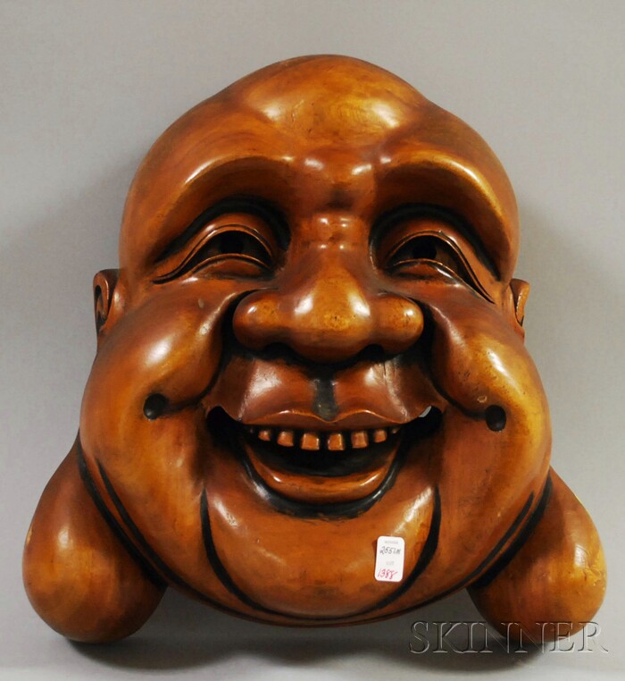 Appraisal: Japanese Carved Wooden Hotei Wall Mask lg wd in