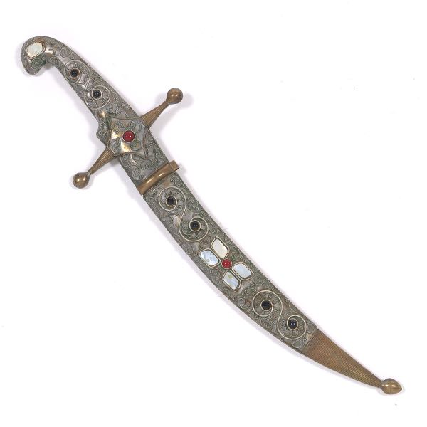 Appraisal: OTTOMAN STYLE DAGGER WITH MIXED METALS MOTHER-OF-PEARL AND BEJEWELED SHEATH