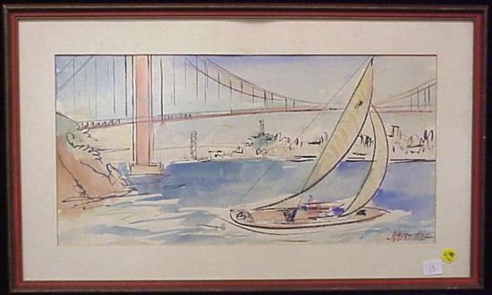 Appraisal: Albert Tolf American - watercolor bridge and boat signed LR