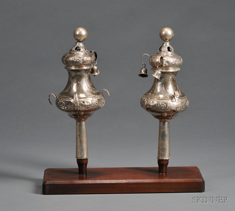 Appraisal: Pair of German Silver Torah Finials Berlin mid to late