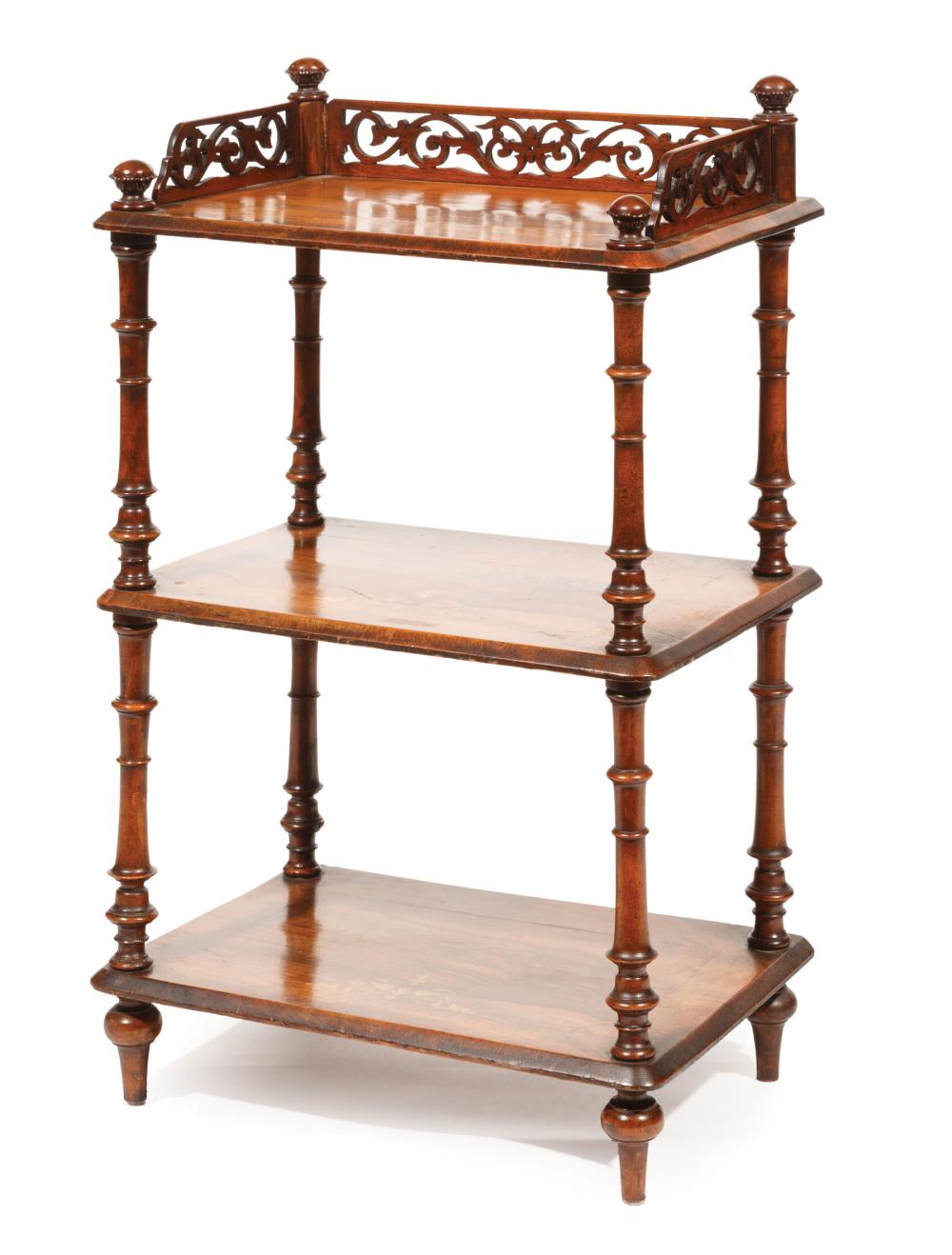 Appraisal: William IV Inlaid Rosewood Three-Tier Etagere th c pierced gallery