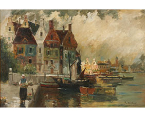 Appraisal: Dutch School scenic harbor view with flower seller oil on