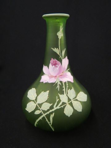 Appraisal: Victorian Enameled Green Satin Glass Vase elegant rose decor excellent