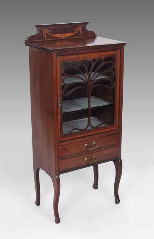 Appraisal: INLAID VICTORIAN DISPLAY MUSIC CABINET Marquetry inlaid back gallery string