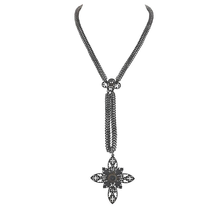 Appraisal: BERLIN IRONWORK CROSS PENDANT NECKLACE Gothic tracery cross centrally set