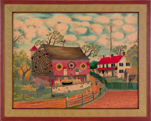 Appraisal: David Y Ellinger American - oil on velvet farm scene