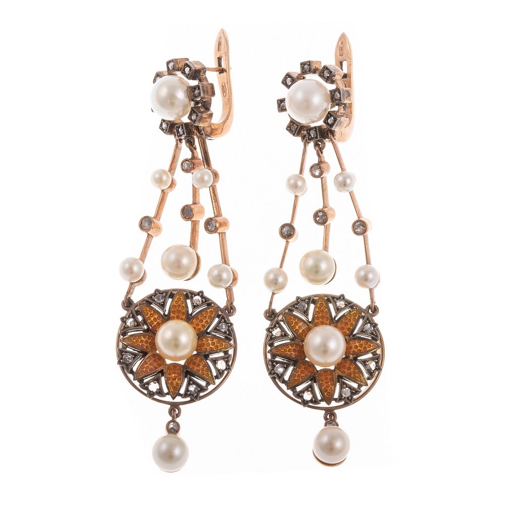 Appraisal: A Pair of Antique Pearl Enamel Dangle Earrings Italian antique