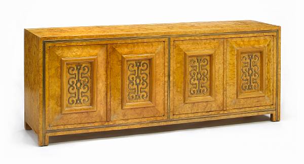 Appraisal: A Mastercraft credenza 's burled wood and brass retains cloth