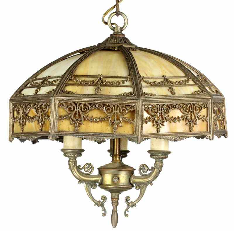 Appraisal: Bradley and Hubbard Slag Glass Chandelierthree light hanging chandelier with