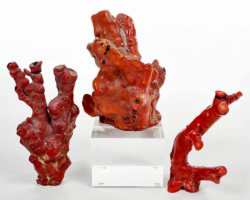 Appraisal: Three Coral Specimens on an acrylic plinth with figural Chinese