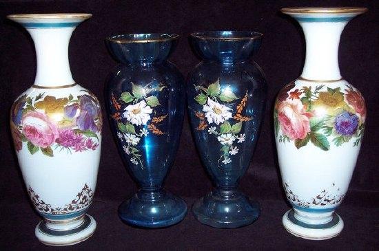 Appraisal: A pair of blue glass vases painted flowers with in