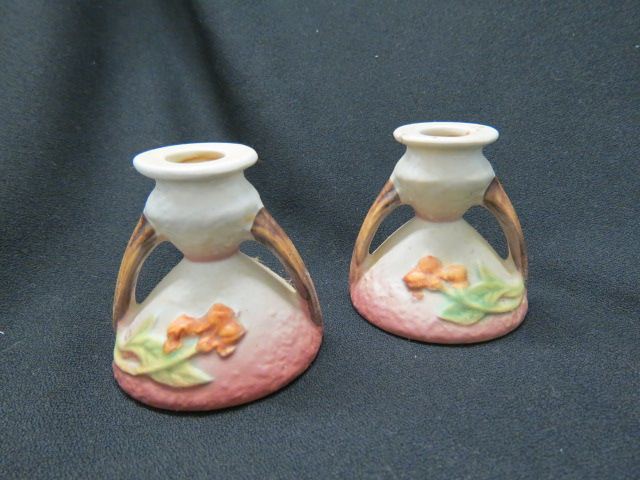 Appraisal: Pair Roseville Pottery Bittersweet Candleholders - excellent