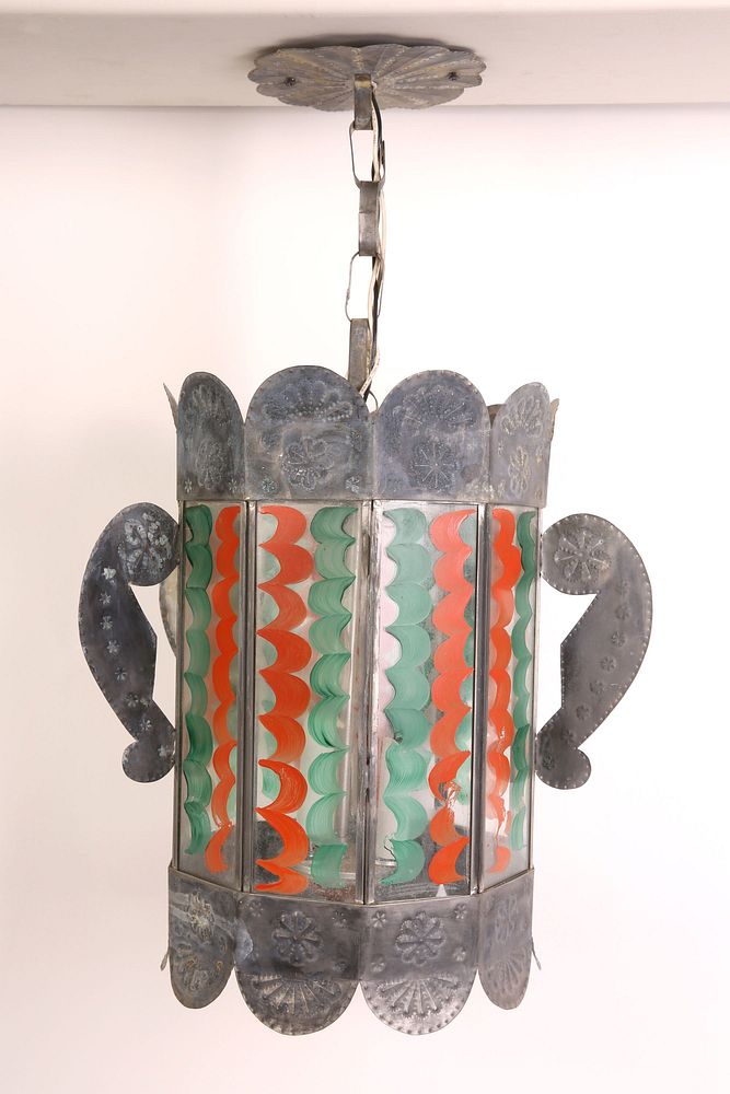 Appraisal: Painted Tin Hanging Lantern th Century New Mexico Painted Tin