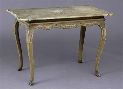 Appraisal: VENETIAN ROCOCO-STYLE GREEN-STAINED AND INLAID OAK CENTER TABLE The overhang