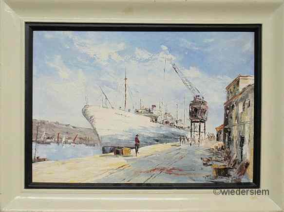 Appraisal: Oil on canvas painting of a harbor scene with a