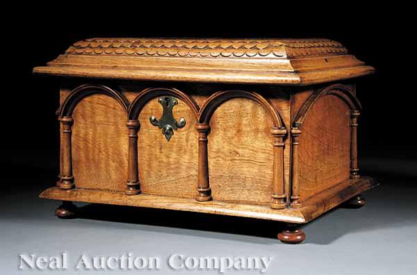 Appraisal: An Antique English Gothic Revival Carved and Burl Walnut Coffer