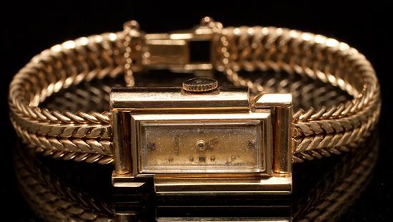 Appraisal: Le Coultre Art Deco K yellow gold bracelet-watch with herringbone