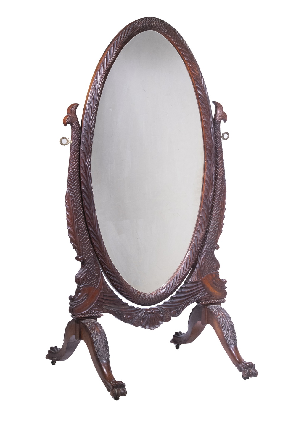 Appraisal: CARVED DOLPHIN CHEVAL MIRROR Floor Standing Full-Length Mahogany Oval Mirror