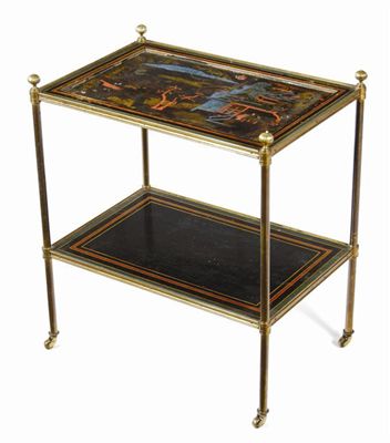 Appraisal: A brass etagere the top tier inset an oriental lacquer