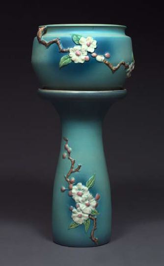 Appraisal: Good Roseville Pottery Shaded Blue-Glazed Apple Blossom Two-Handled Jardiniere-on-Pedestal the