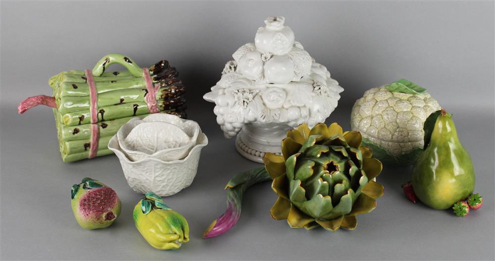 Appraisal: EIGHT CERAMIC FRUITS AND VEGETABLES including an artichoke signed Kho