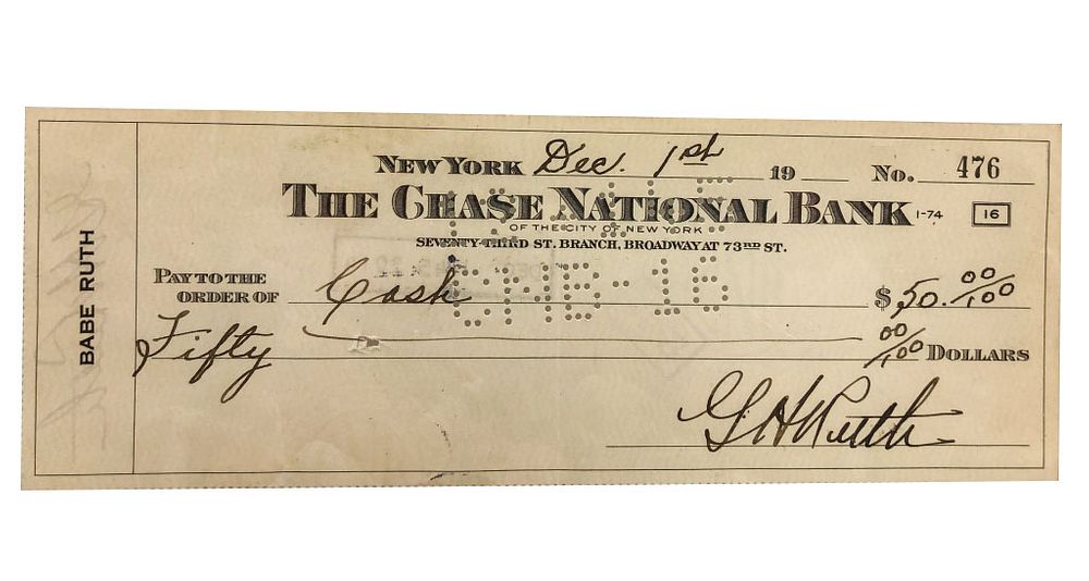 Appraisal: Autographed Babe Ruth Dual Signed Check PSA Two bold signatures