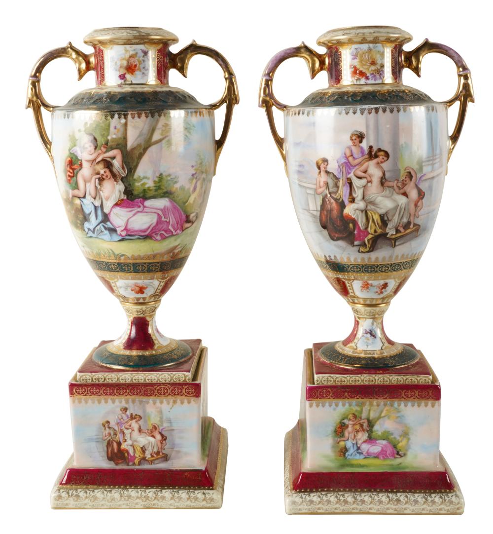 Appraisal: PAIR OF VIENNA PORCELAIN URNSeach with blue beehive mark to