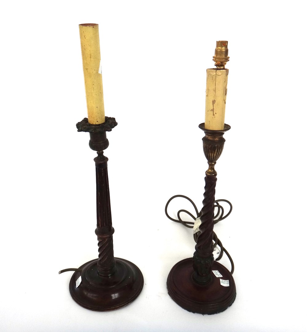 Appraisal: A pair of Georgian style mahogany candlestick table lamps th