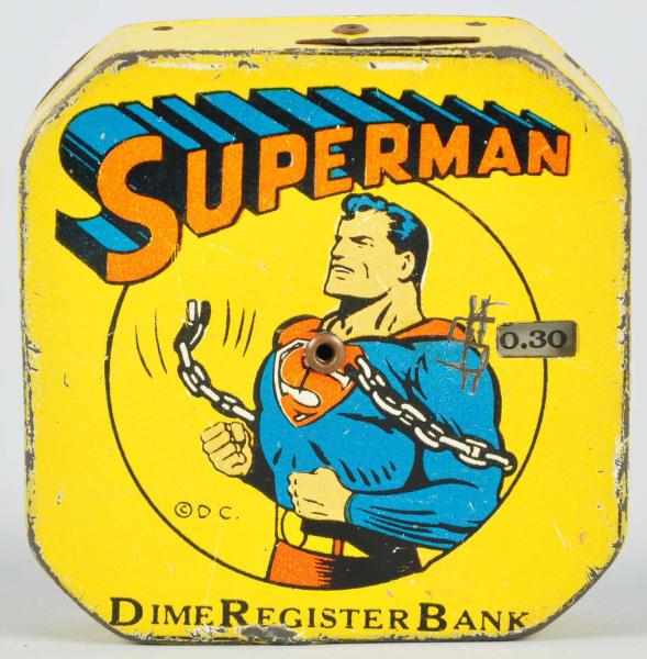 Appraisal: Tin Litho Superman Dime Register Bank Description Nice depiction of