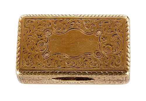 Appraisal: Gilt metal presentation snuff box engraved Presented to Major G