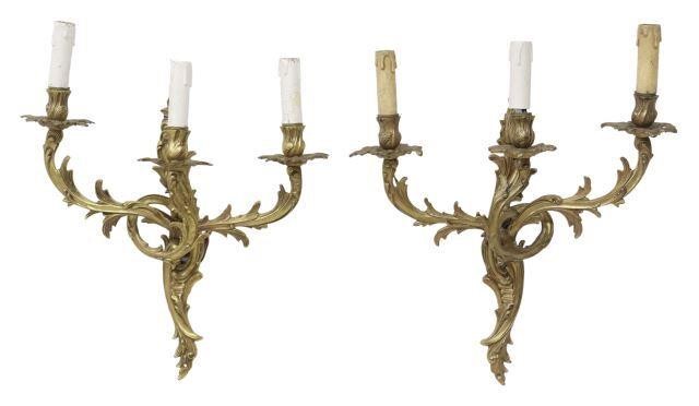 Appraisal: pair French Louis XV style bronze dore wall sconces scrolling