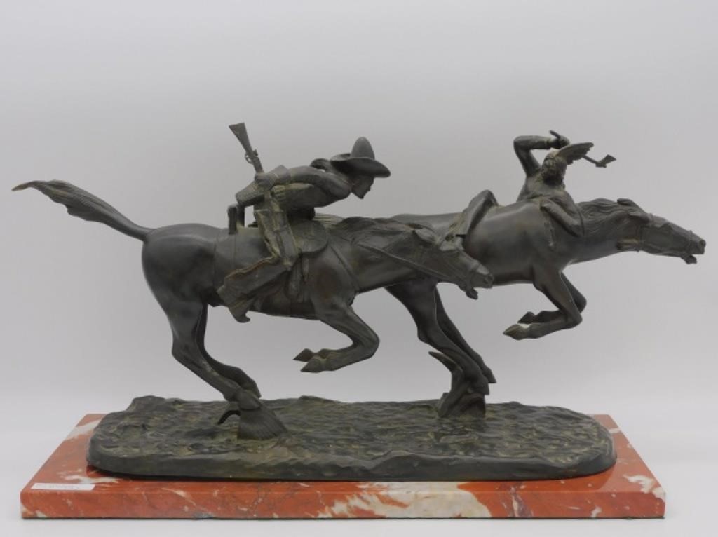 Appraisal: on marble base depicting Native American and cowboy engaging in