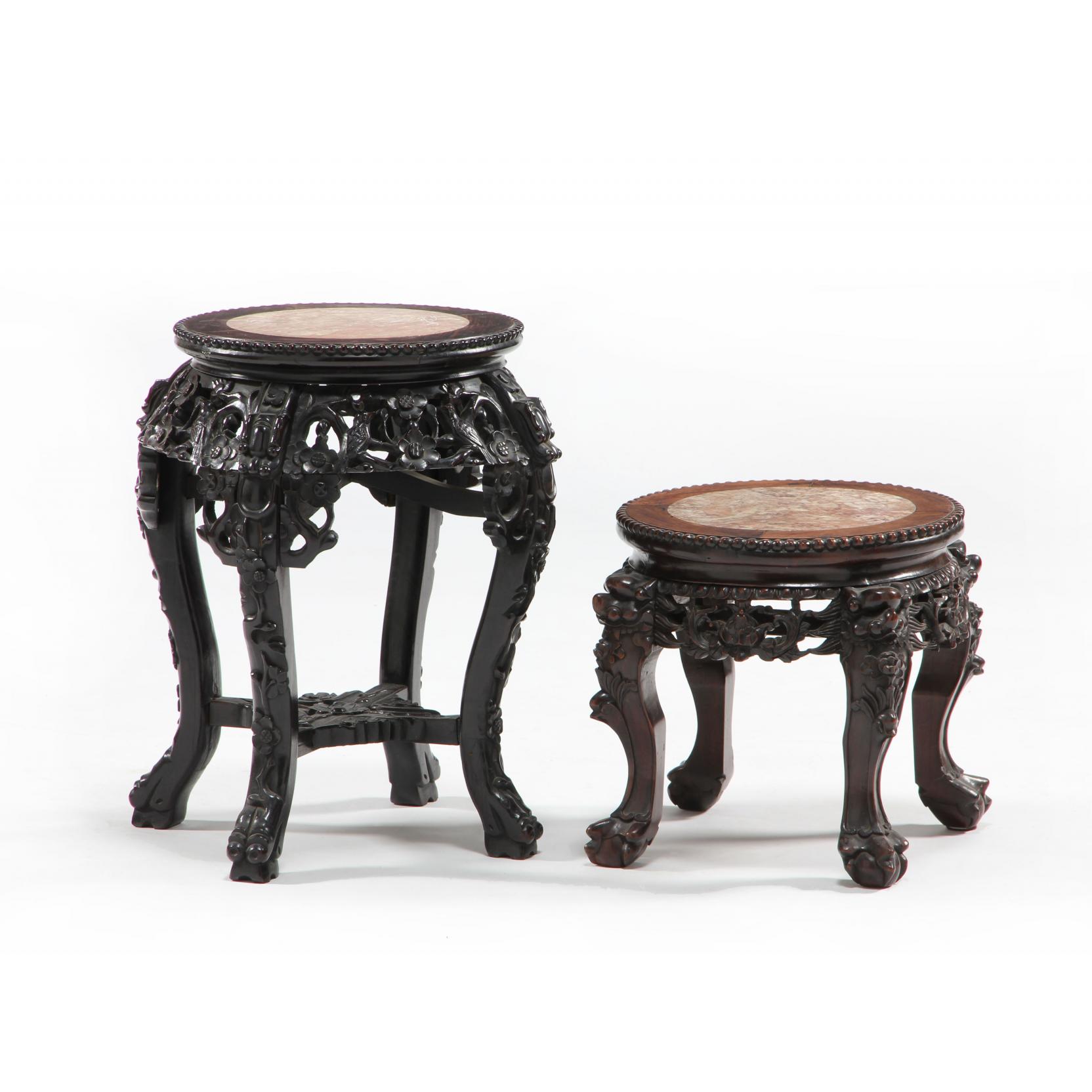 Appraisal: Two Chinese Marble Top Carved Low Stands circa mahogany the