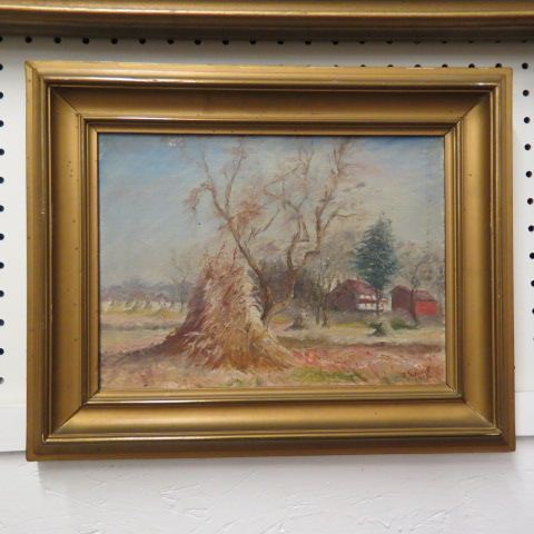 Appraisal: J Schmidt oil landscape with farm haystack on canvas image