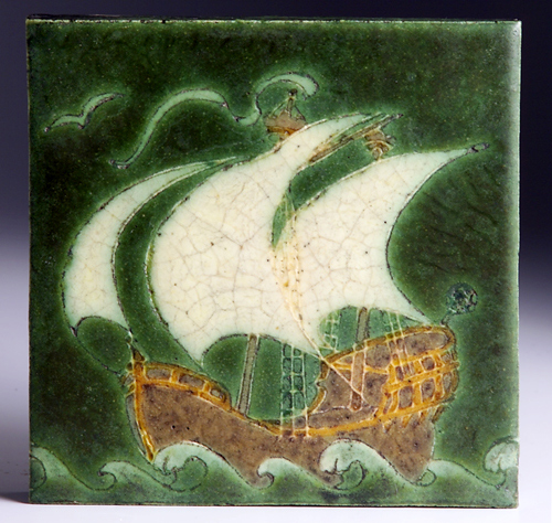 Appraisal: GRUEBY tile decorated in cuenca with a tall ship on