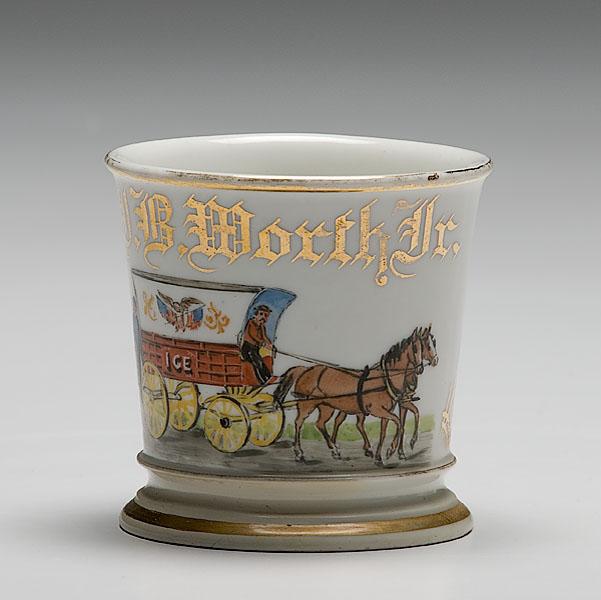 Appraisal: UNUSUAL ICE WAGON OCCUPATIONAL SHAVING MUG porcelain with polychrome painted