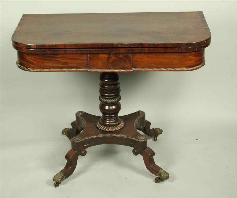 Appraisal: WILLIAM IV MAHOGANY AND ROSEWOOD CROSSBANDED CARD TABLE with hinged