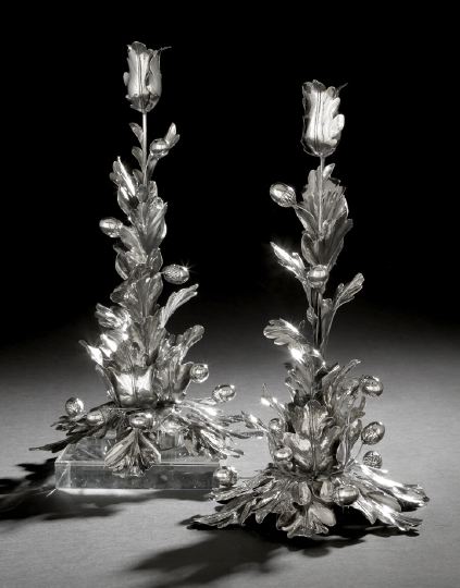 Appraisal: Dramatic Pair of Portuguese-Italian Silver Candlesticks fourth quarter th century